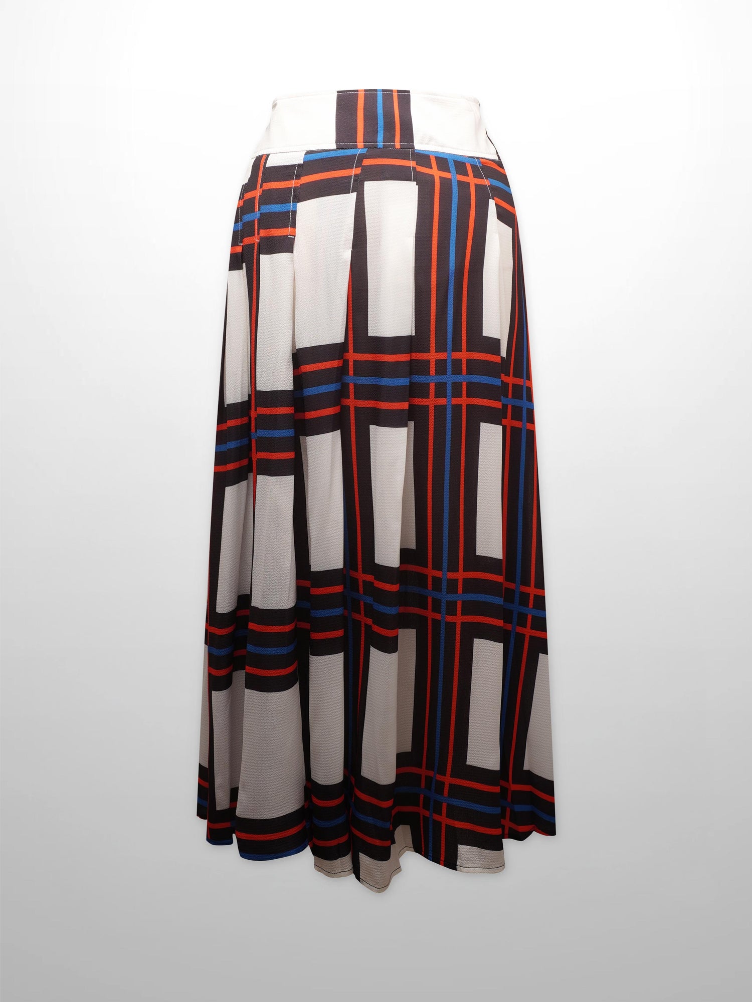 Printed Yoke Pleated Skirt-White/Blue