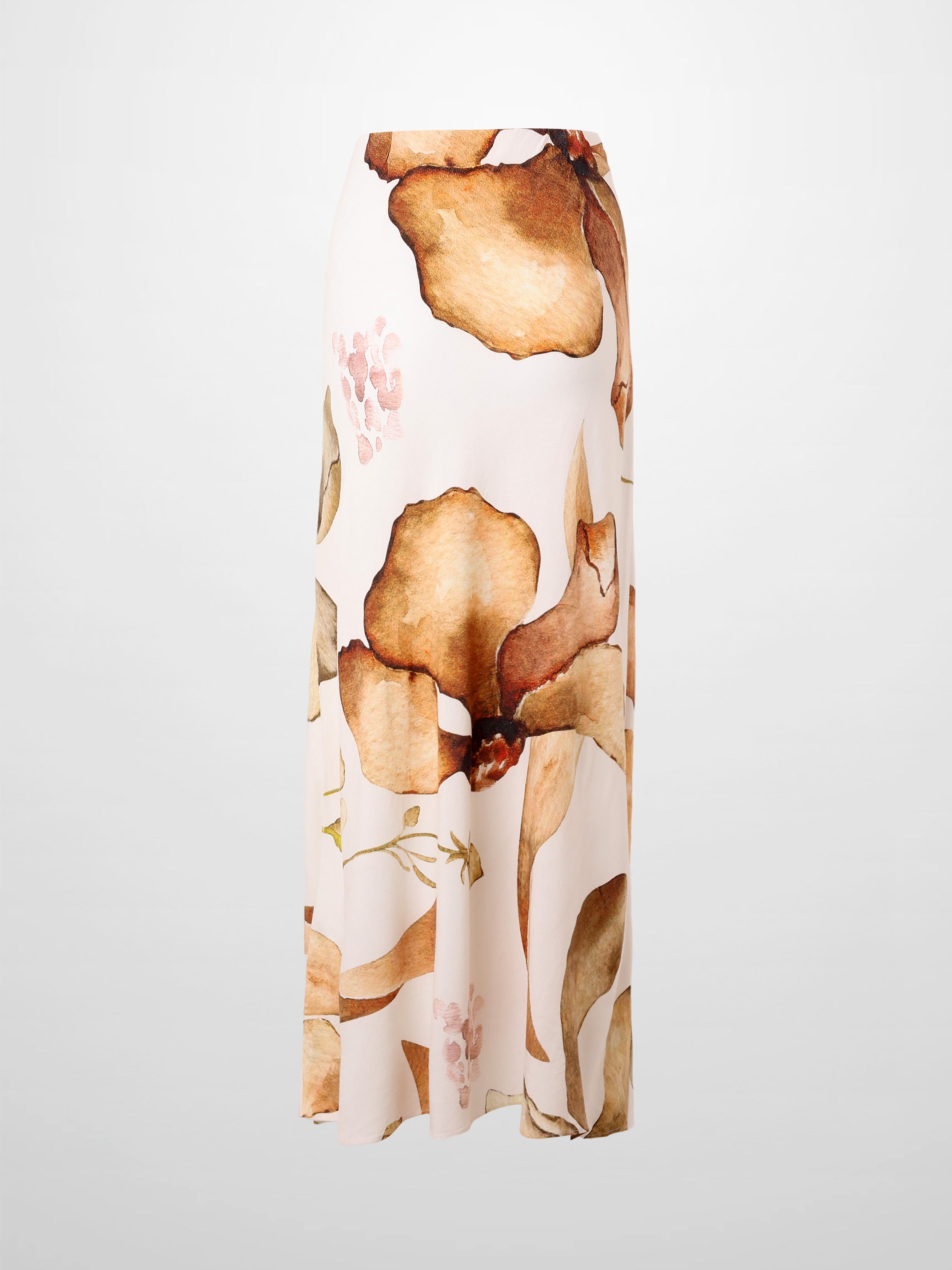 Printed Linen Blend Slip Skirt-Brown Floral