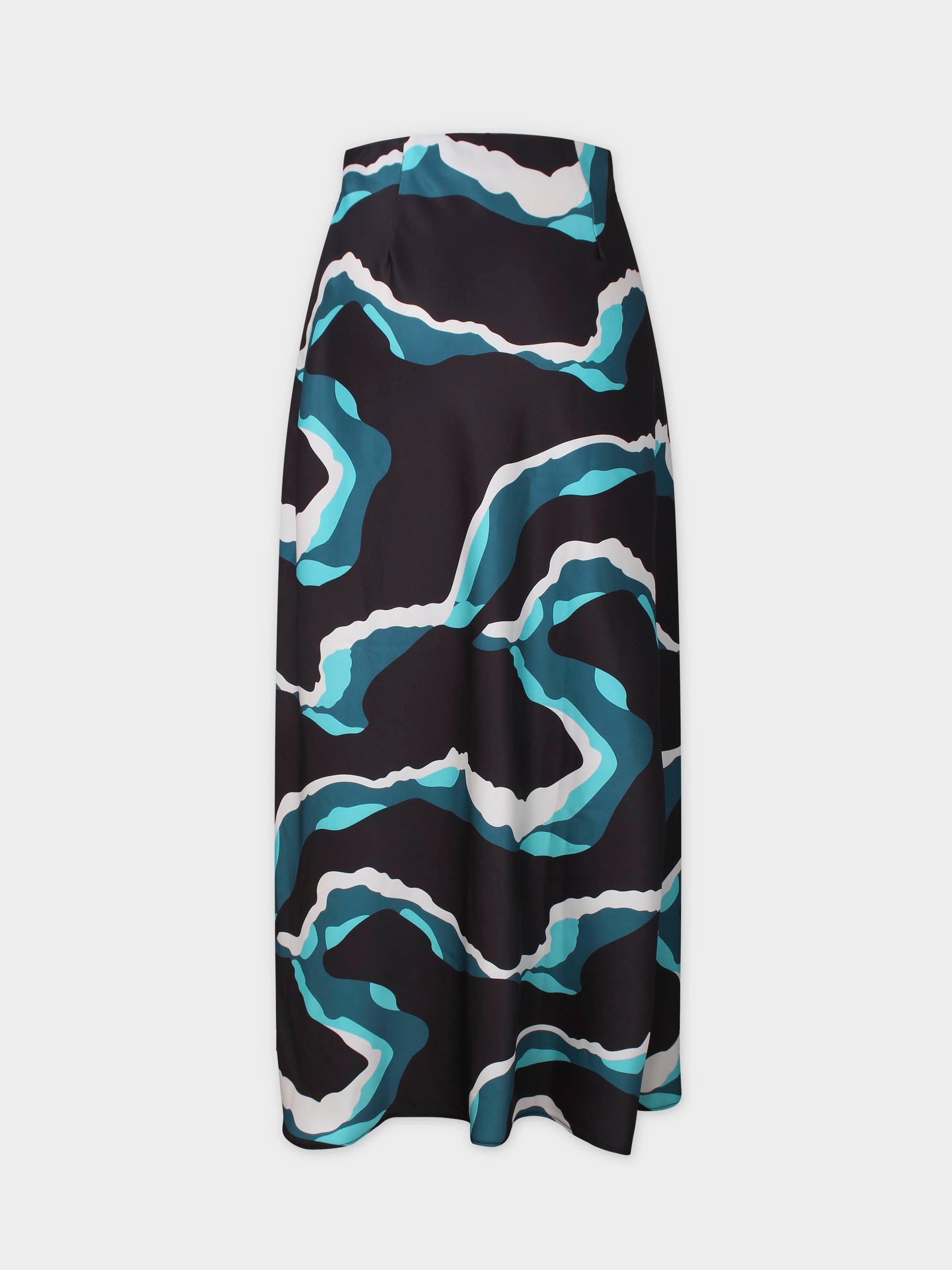 Printed Satin Slip Skirt-Aqua Lightening