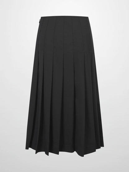 Stitch Down Pleated Wool Skirt-Black