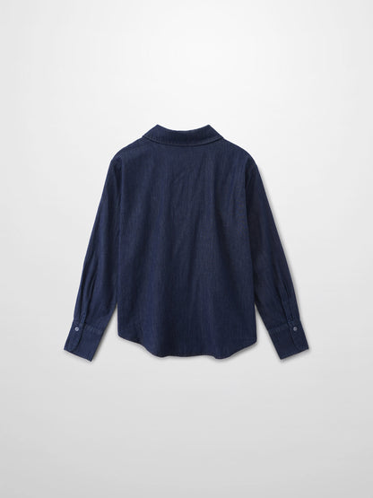 Denim Button Down Blouse-Dark Blue
