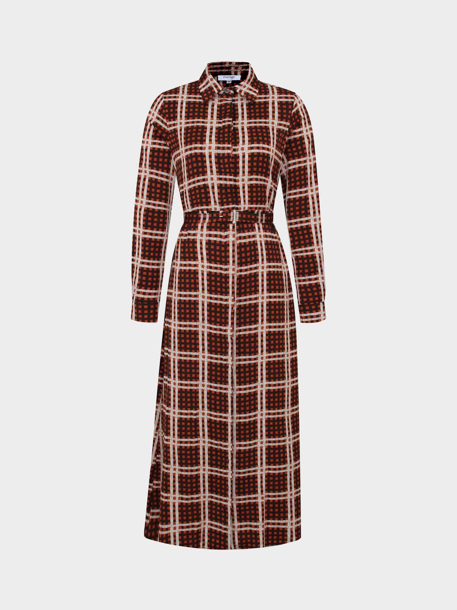 Basic Belted A-Line Dress-Brown/Rust Plaid