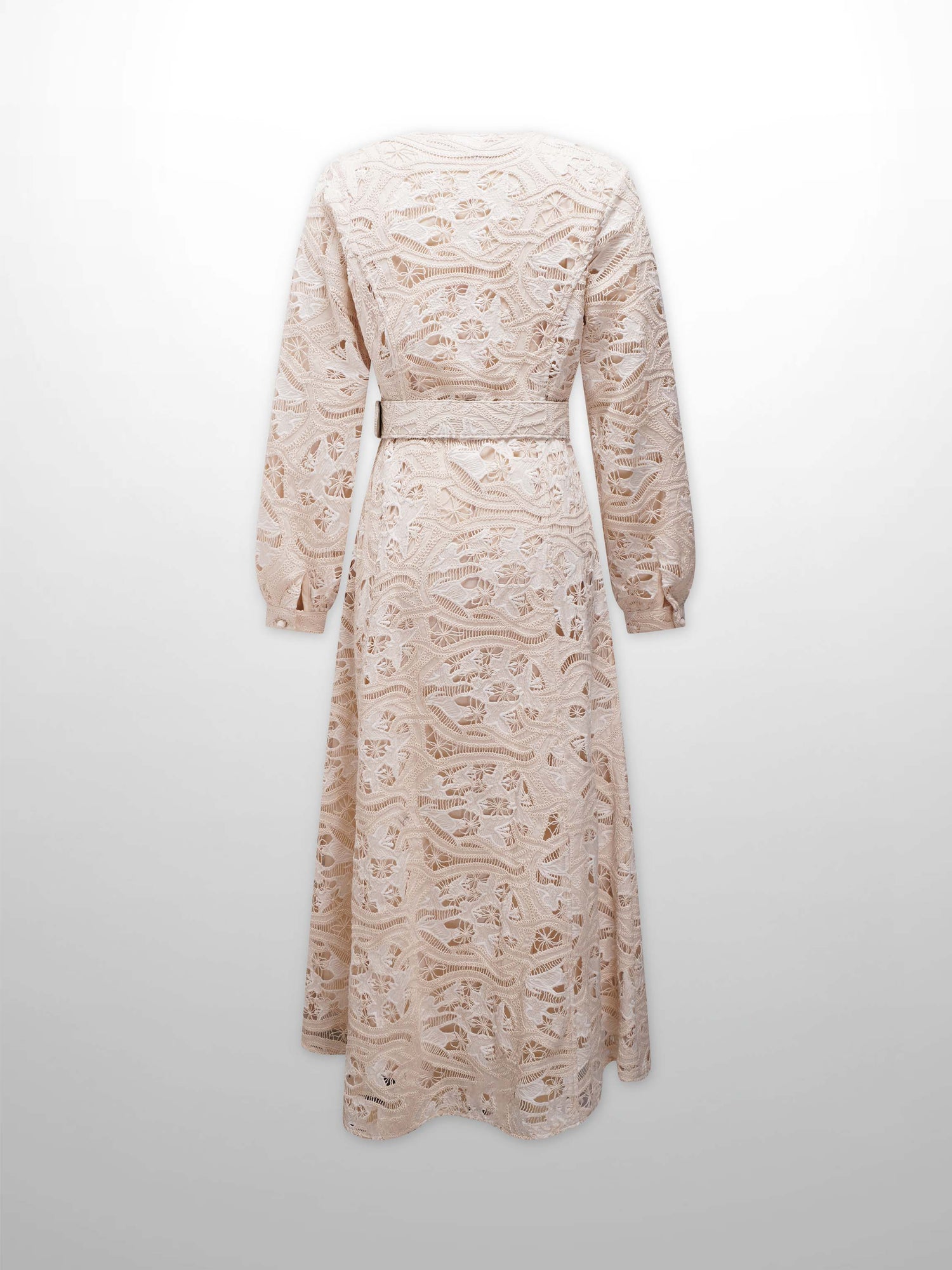 Lace Cutout Princess Style Belted Dress-Cream