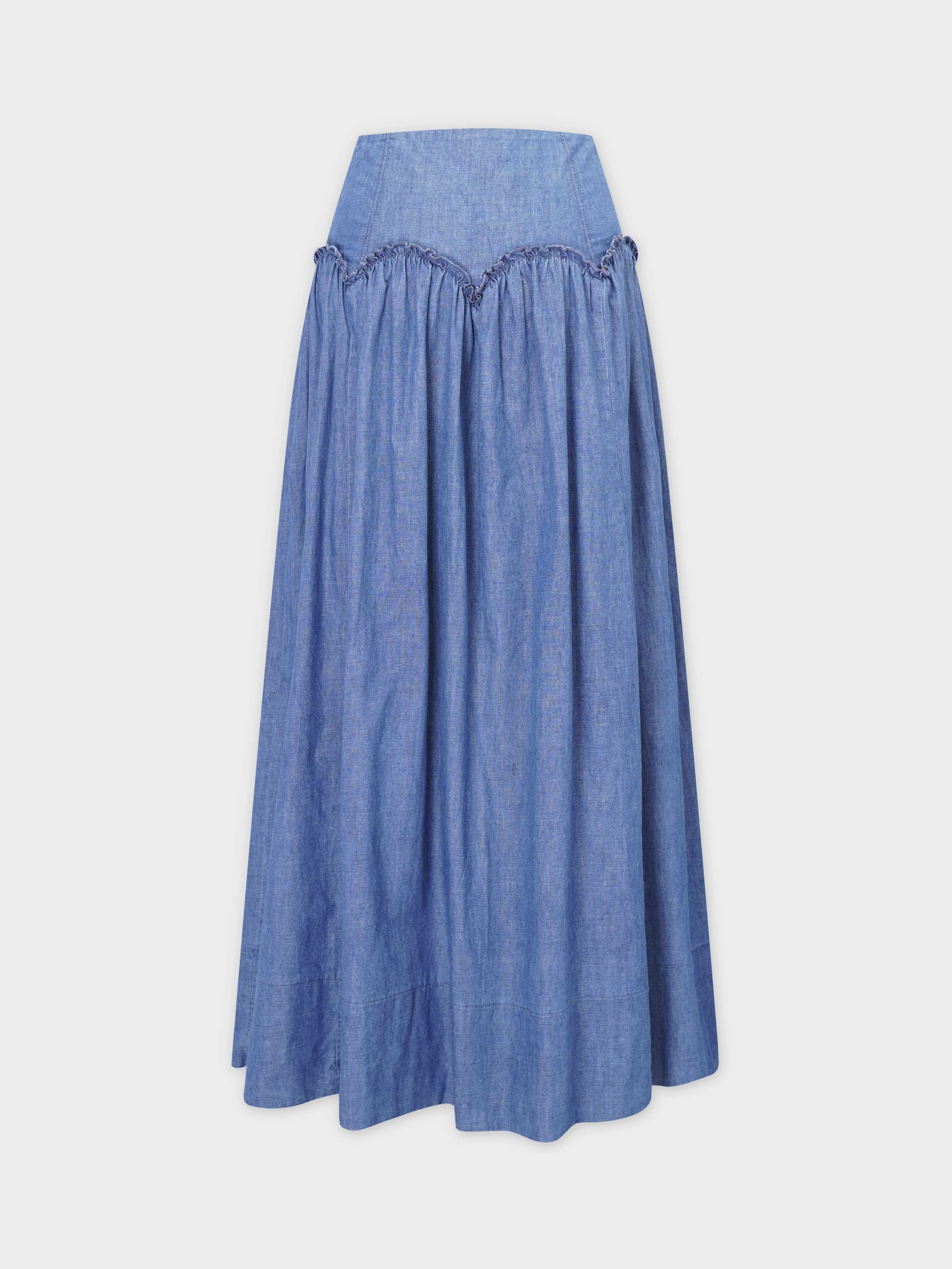 Curved Yoke Ruffle Denim Skirt - Blue