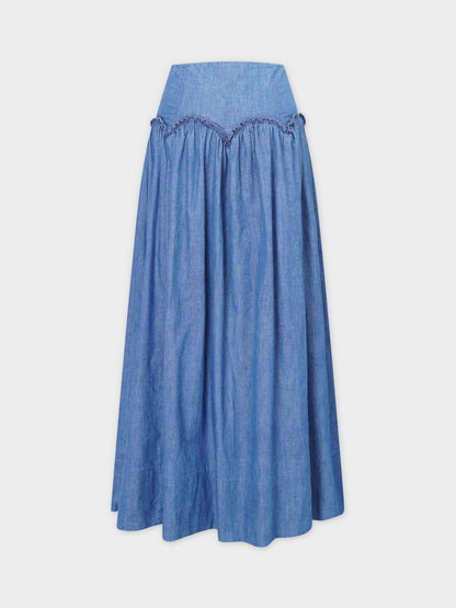 Curved Yoke Ruffle Denim Skirt - Blue