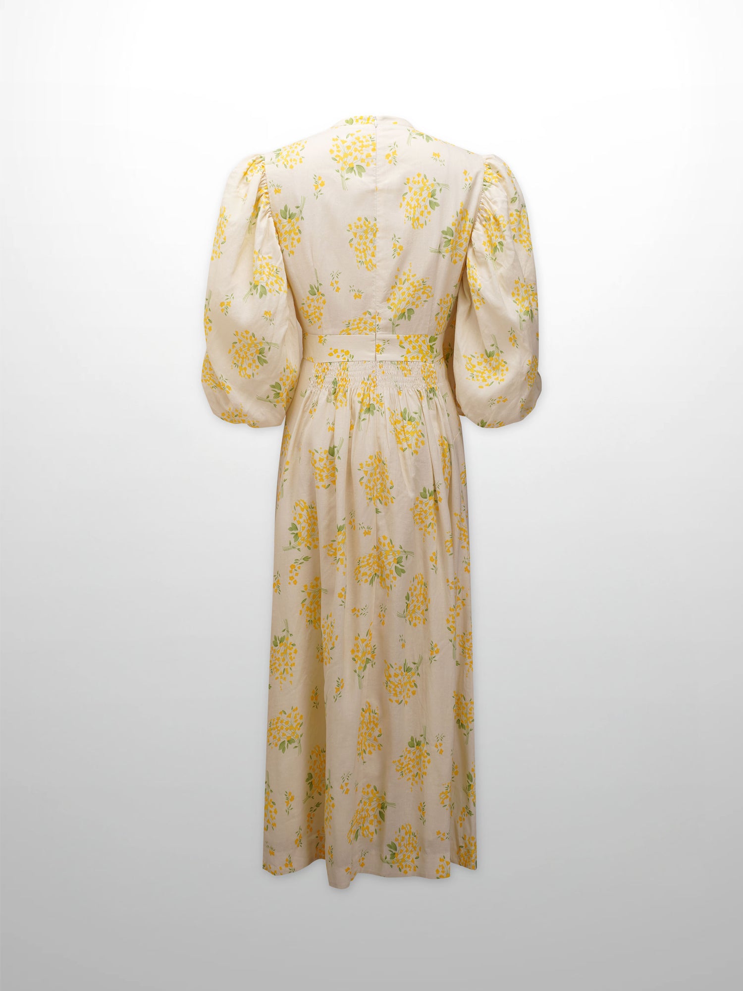 Ruched Puff Sleeve Dress-Yellow Floral