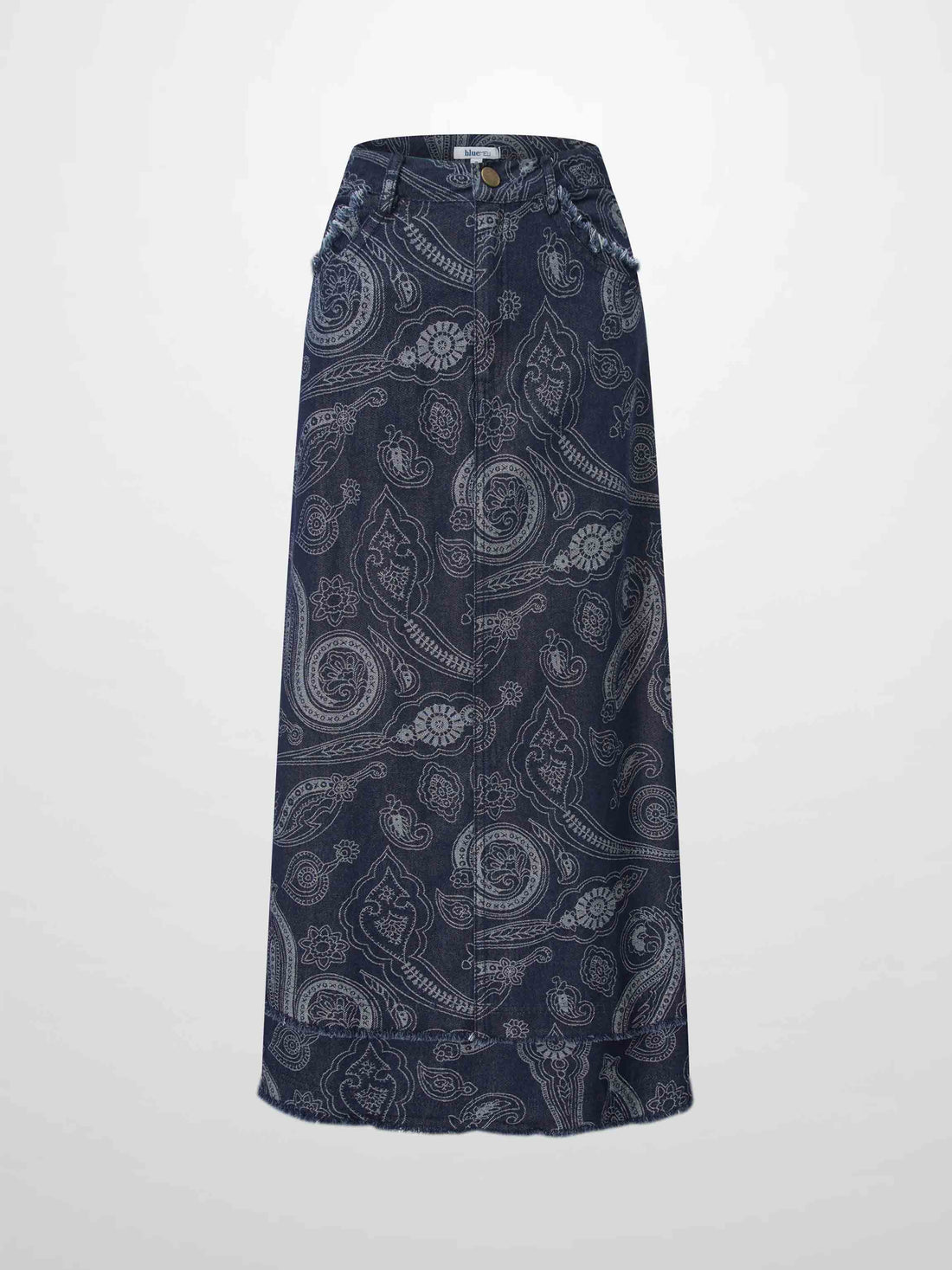 Printed Fringe Denim Skirt-Paisley Print