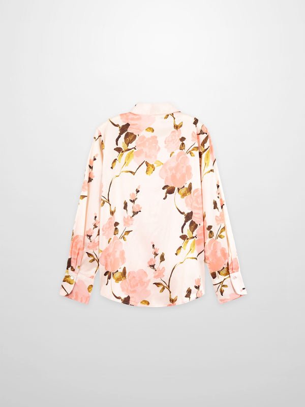 Button Down Faux Satin Blouse-Peach Floral