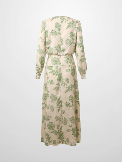 Waist Yoke Dress-Green Sketch Flower