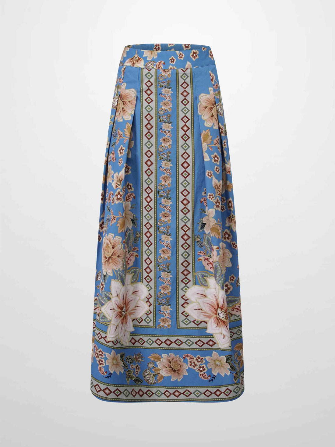 Printed Cotton Pleat Skirt-Light Blue/Peach