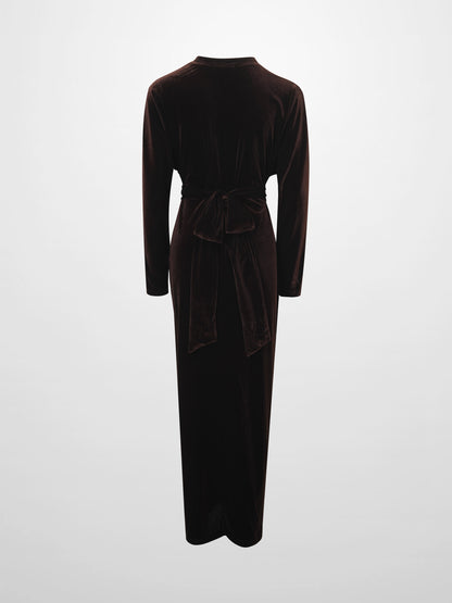 Velour Wrap Tie Maxi Dress-Brown