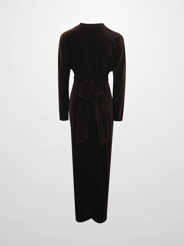 Velour Wrap Tie Maxi Dress-Brown