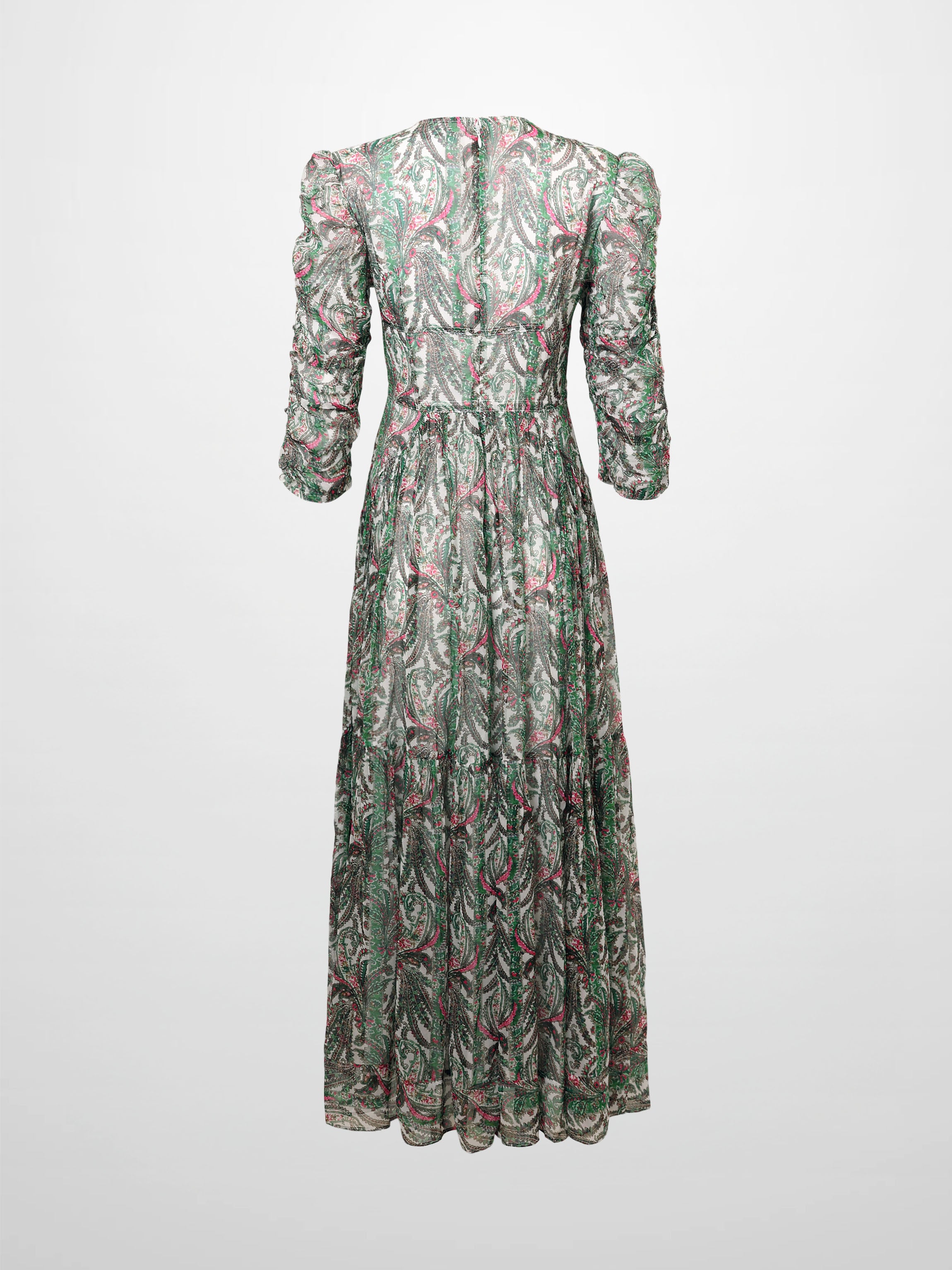 Shirred Sleeve Dress-Green Paisley