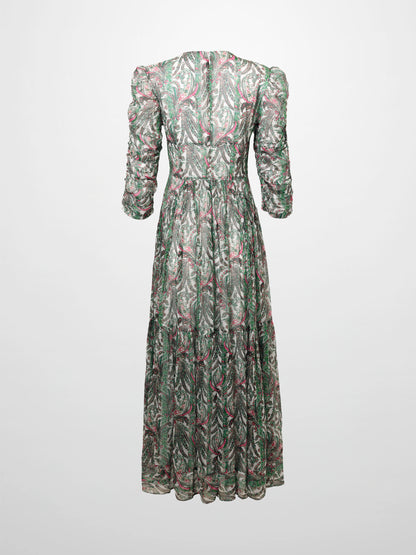 Shirred Sleeve Dress-Green Paisley