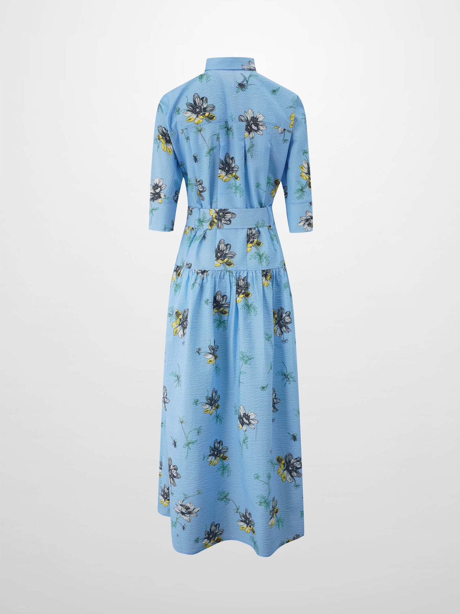 Yoke Gathered Belted Shirtdress-Yellow Pop Flower