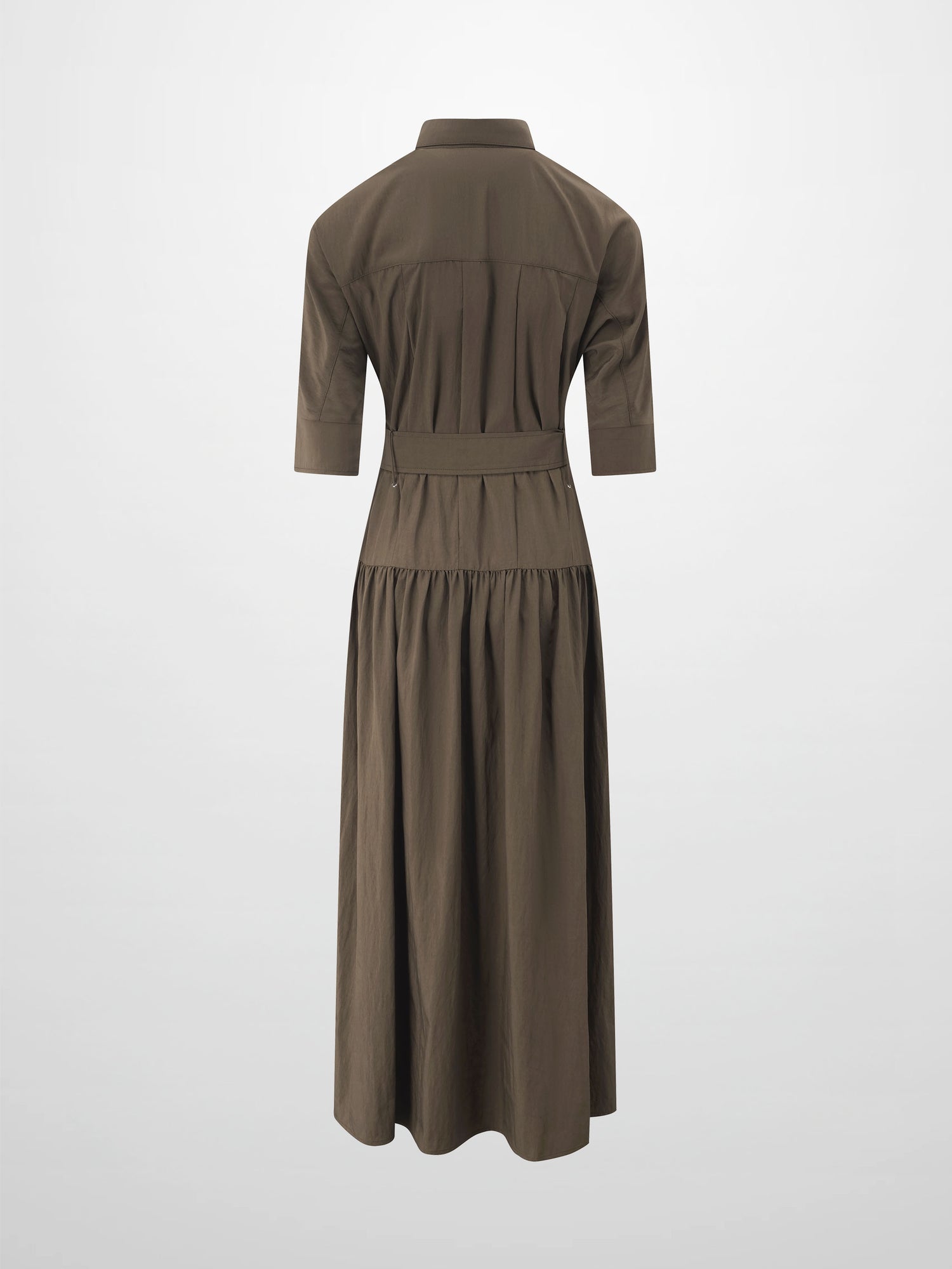 Cotton Yoke Gathered Dress-Brown