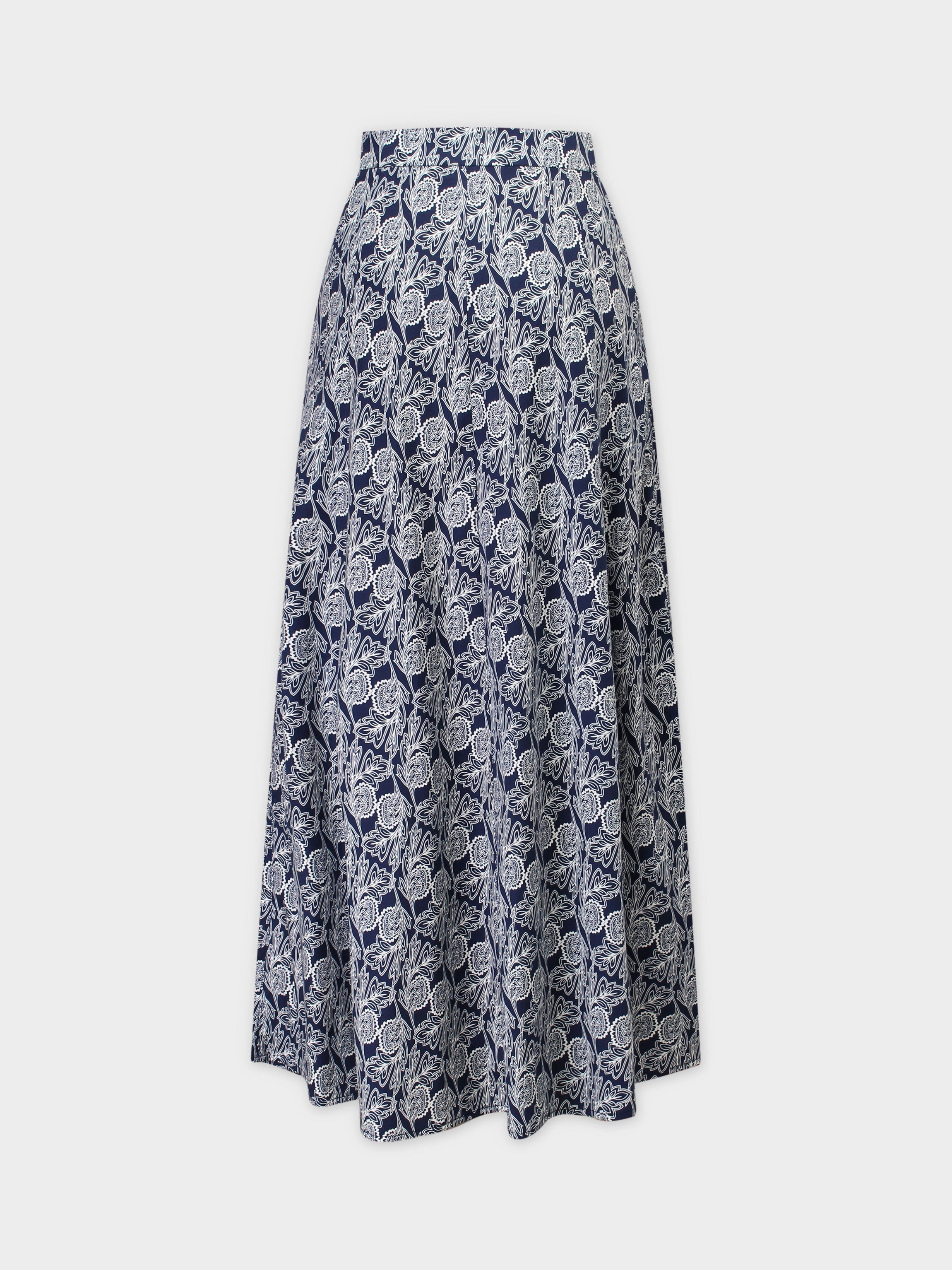 Pattern A-Line Seamed Skirt-Navy Branches