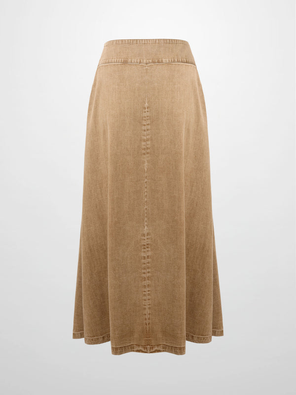 Inverted Yoke Pleat Denim Skirt-Light Tan