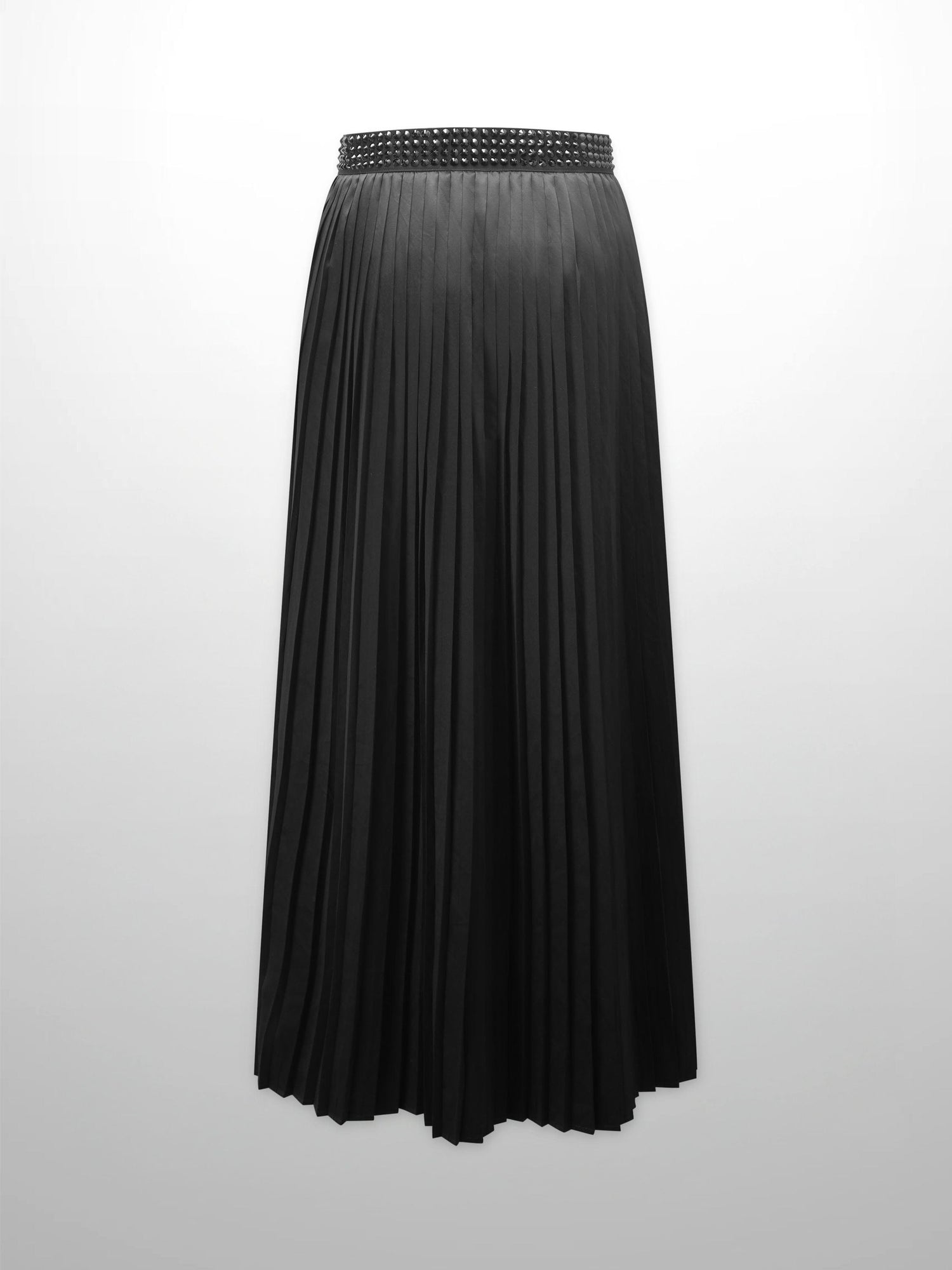 Stone Embellished Faux Satin Pleated Skirt-Black