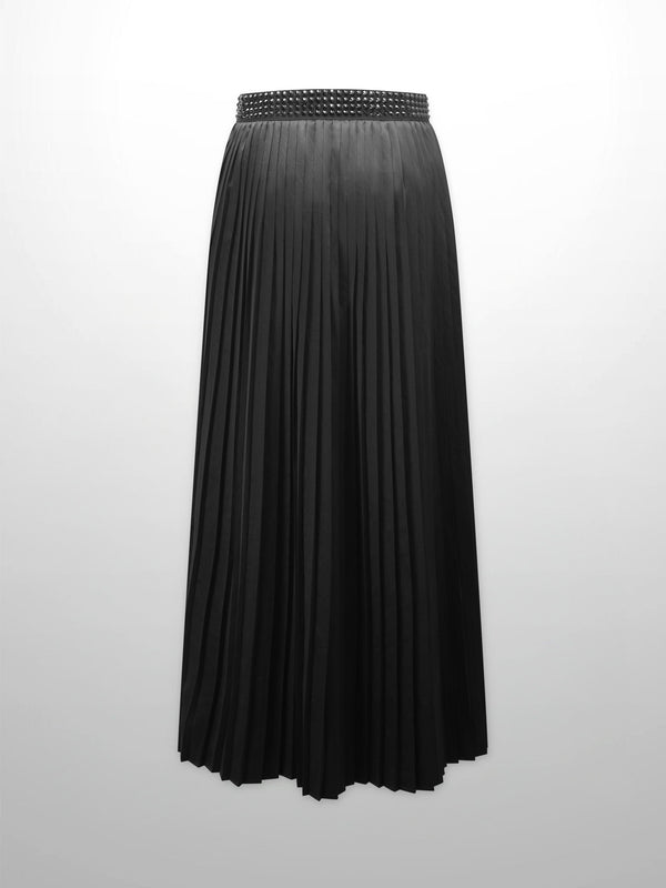Stone Embellished Faux Satin Pleated Skirt-Black