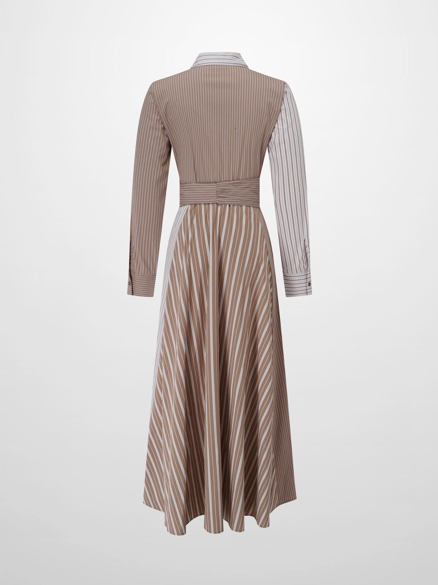 Mixed Pinstripe Belted Shirtdress-Tan