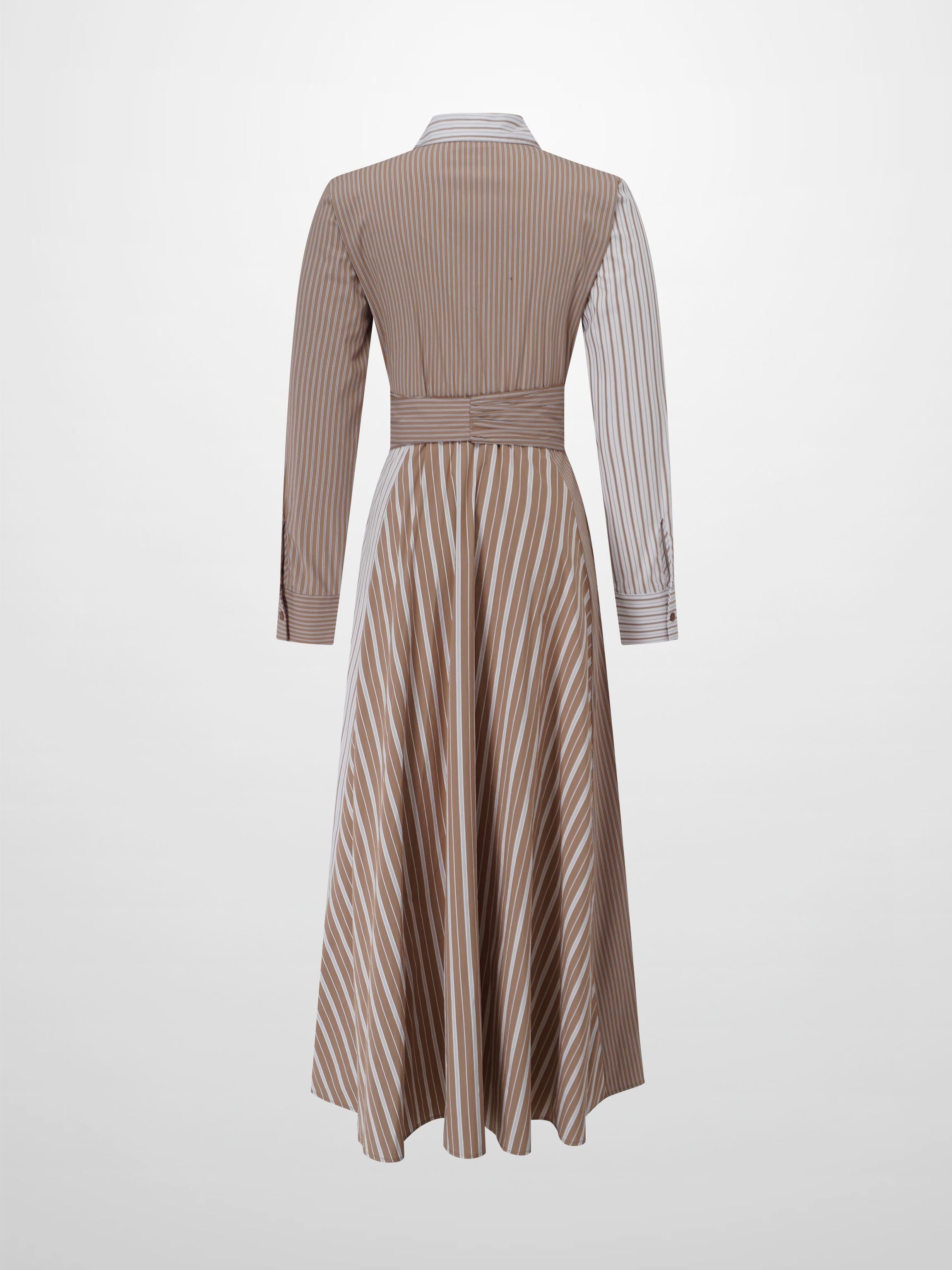 Mixed Pinstripe Belted Shirtdress-Tan