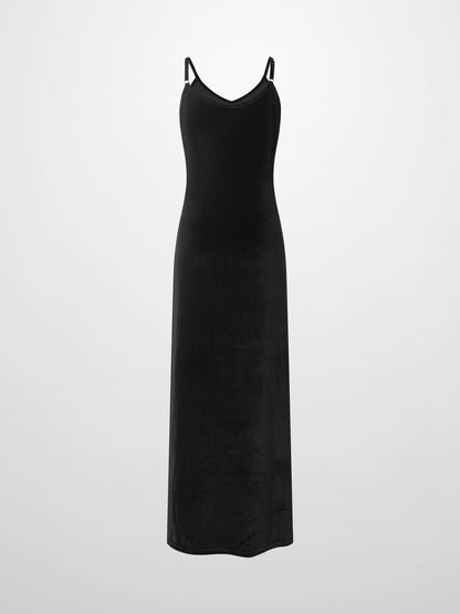 V-Neck Velour Slip Dress-Black