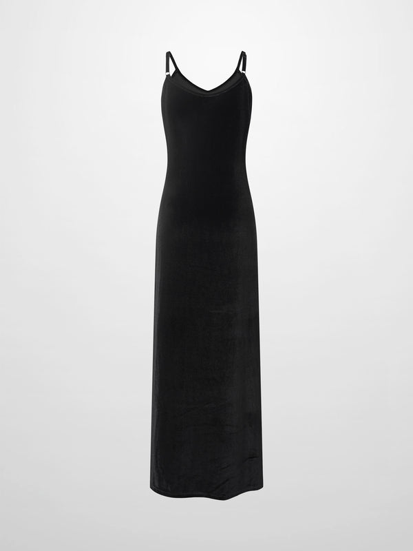 V-Neck Velour Slip Dress-Black