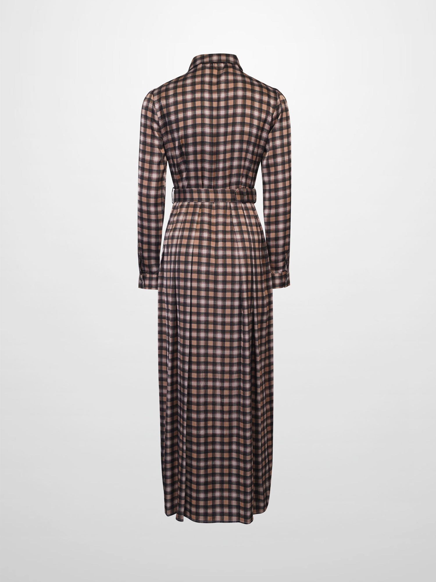 Stone Embellished Belted Shirtdress-Brown Plaid