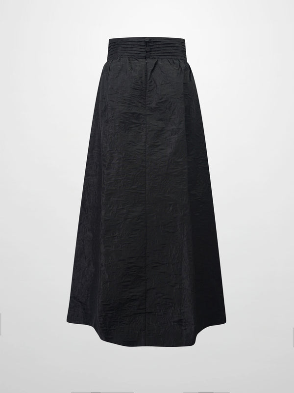 Pleated Waistband Brocade Full Skirt-Black