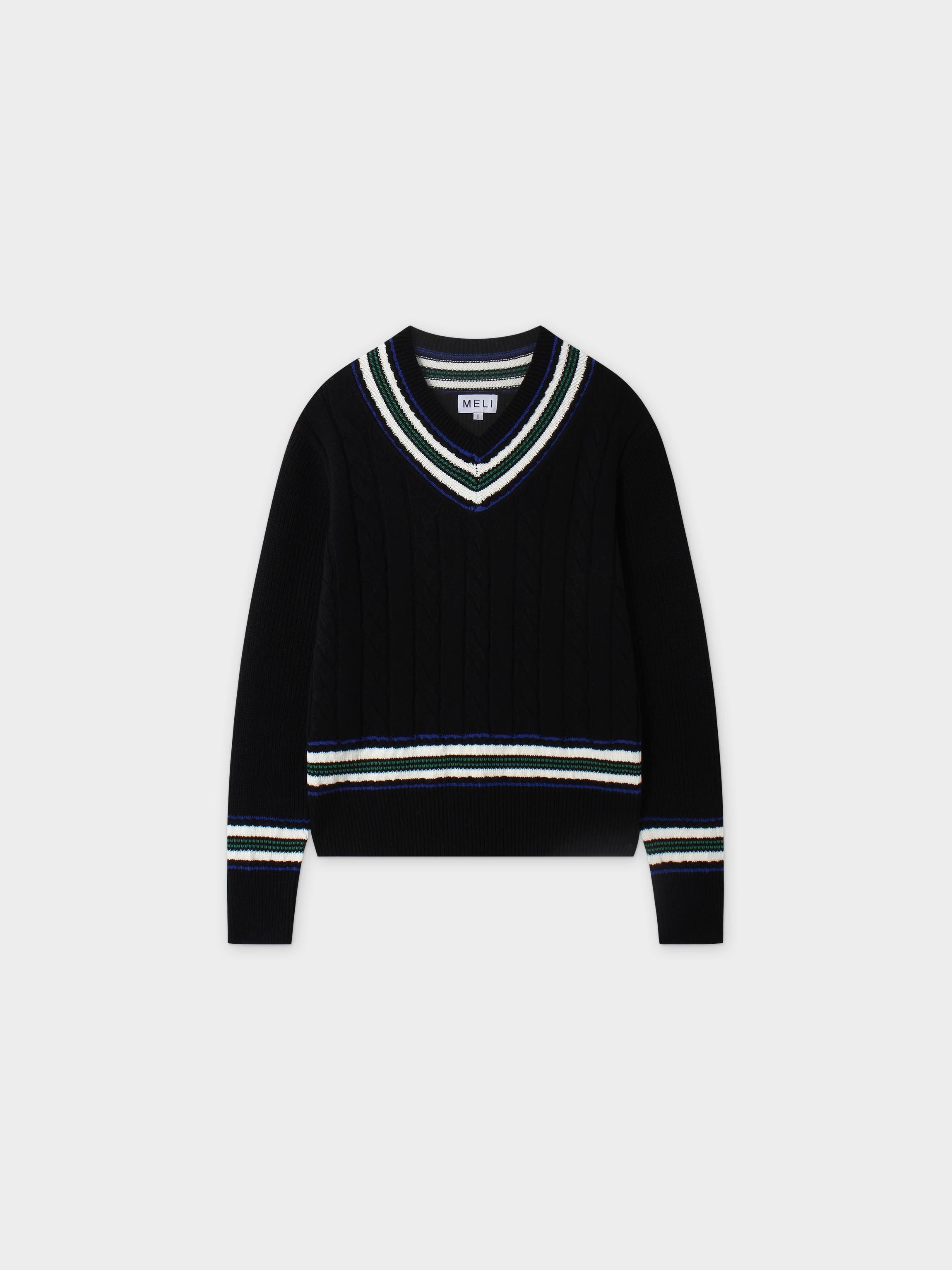 V-Neck Cable Sweater-Black/Green