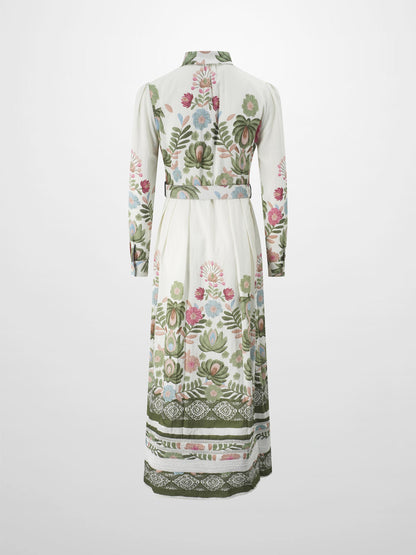 Belted Pleated Bottom Shirtdress-Floral Design