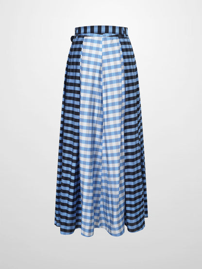 Gingham Two Color Box Pleat Skirt-Blue