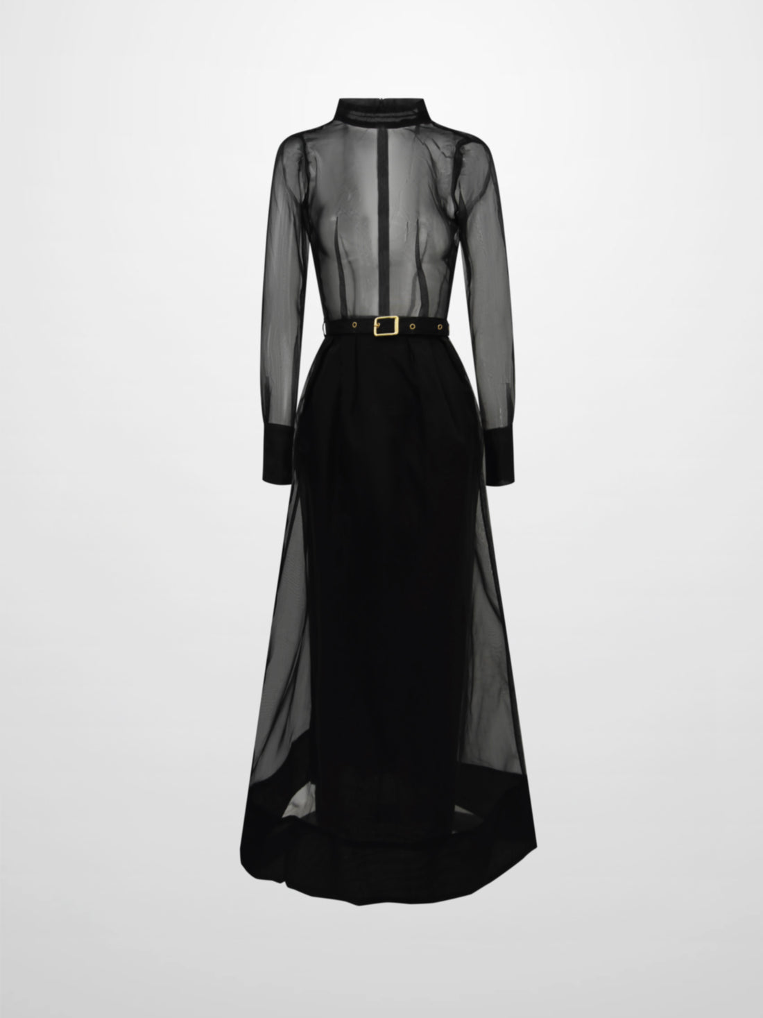 Organza Belted Shirtdress-Black