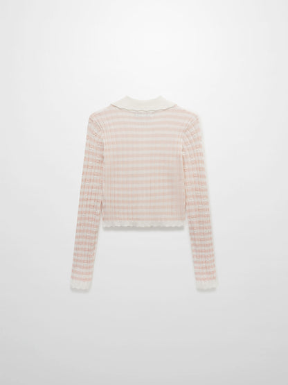 Striped Scalloped Edge Cardigan-Pink/White