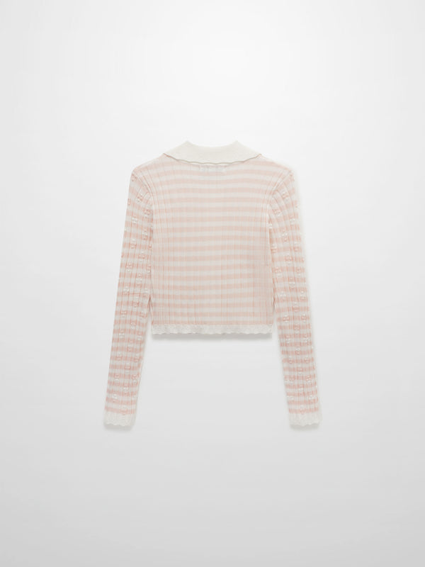 Striped Scalloped Edge Cardigan-Pink/White