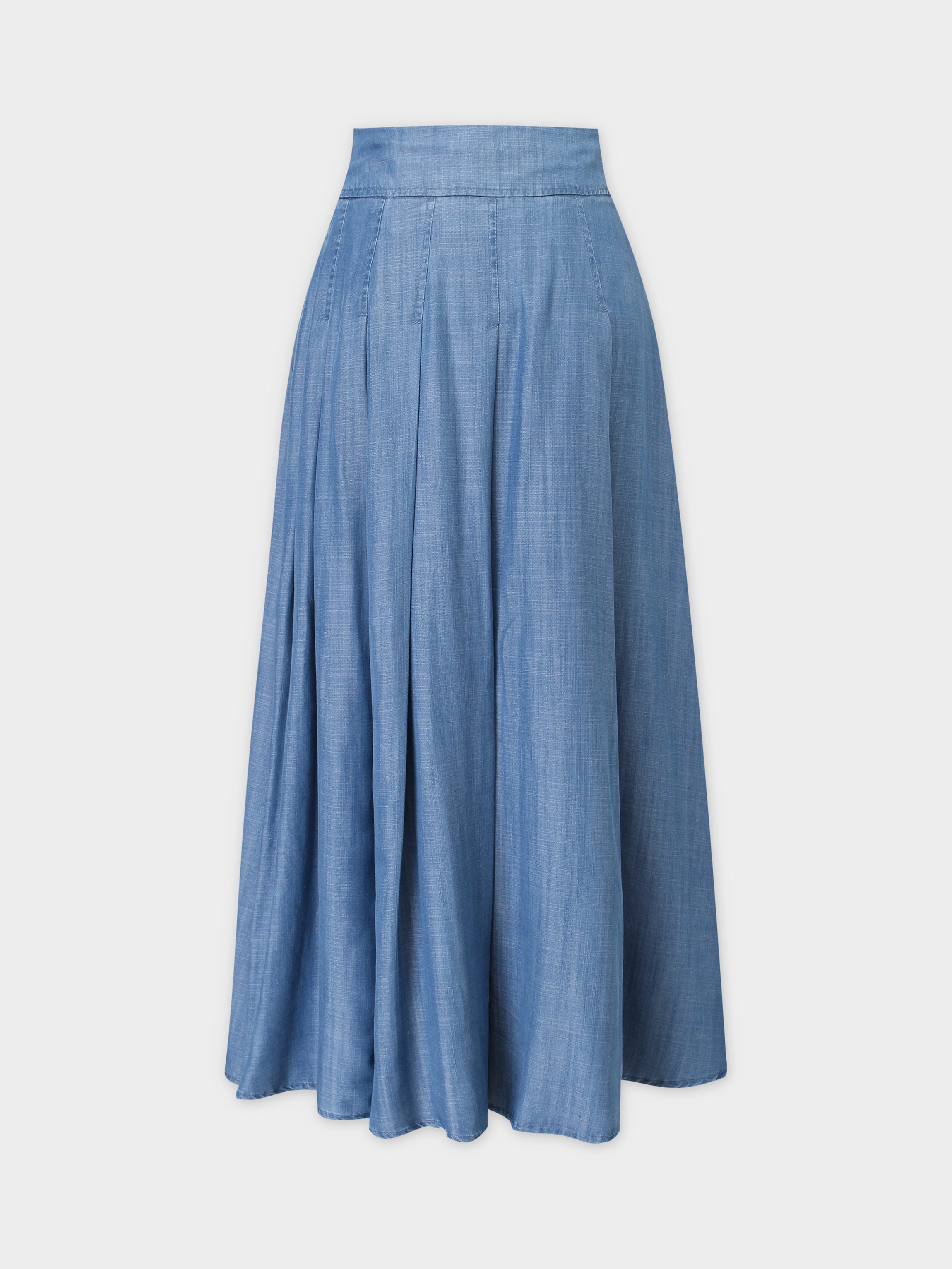 CHAMBRAY DENIM PLEATED SKIRT-BLUE