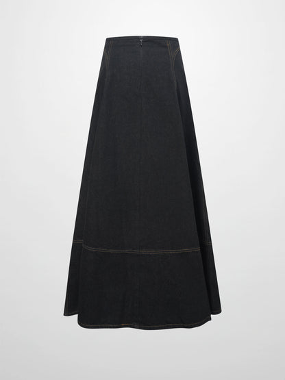 Seamed Full Circle Denim Skirt-Black