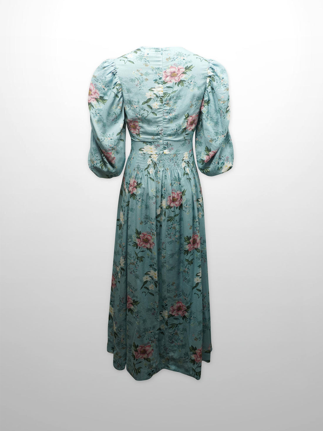 Ruched Puff Sleeve Dress-Aqua Floral