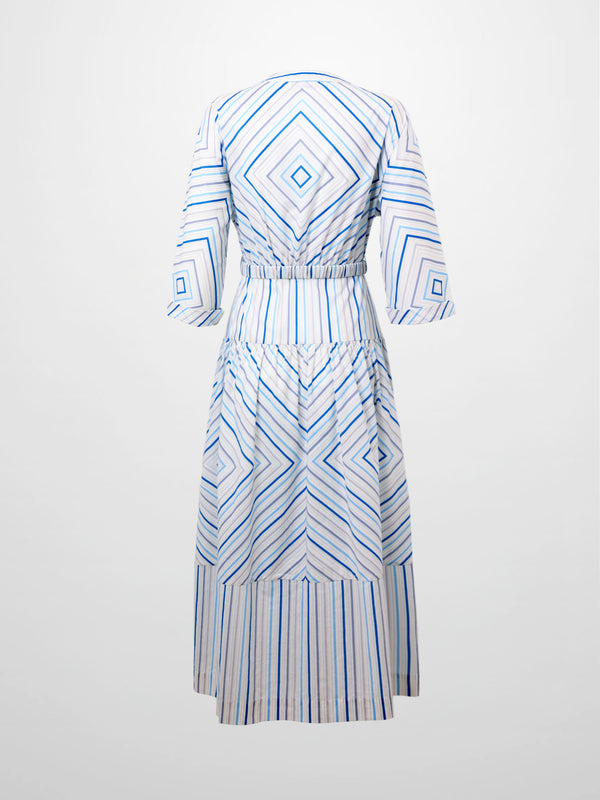 Belted Wide Sleeve Dress-Blue Stripe