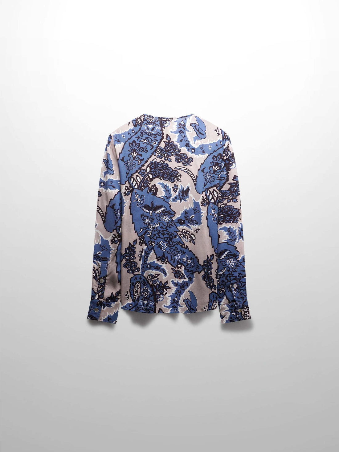 Collarless Button Down Blouse-Blue/Taupe Paisley