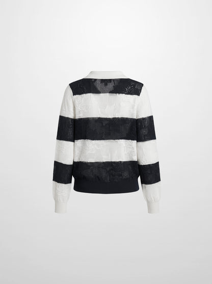 Mesh Floral Polo Top-Black/White Stripe