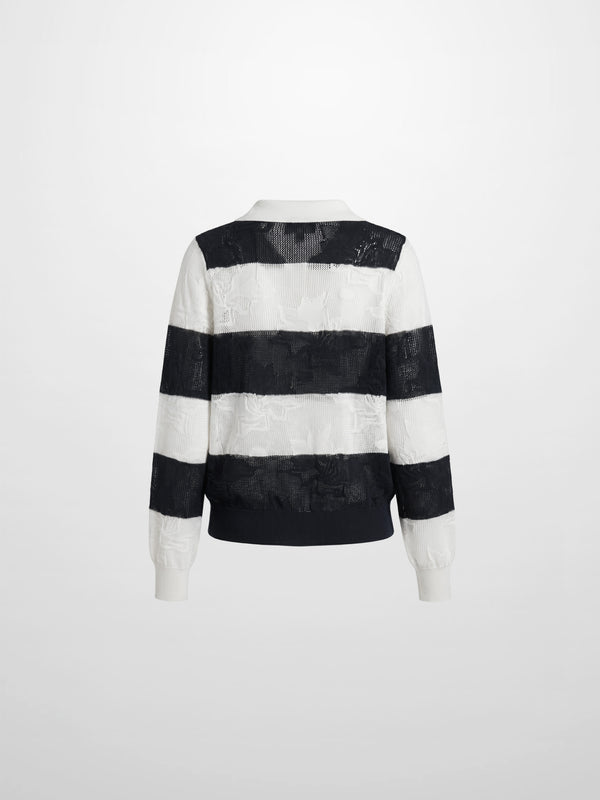 Mesh Floral Polo Top-Black/White Stripe