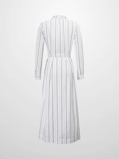 Jeweled Collar Belted Shirtdress-White Pinstripe