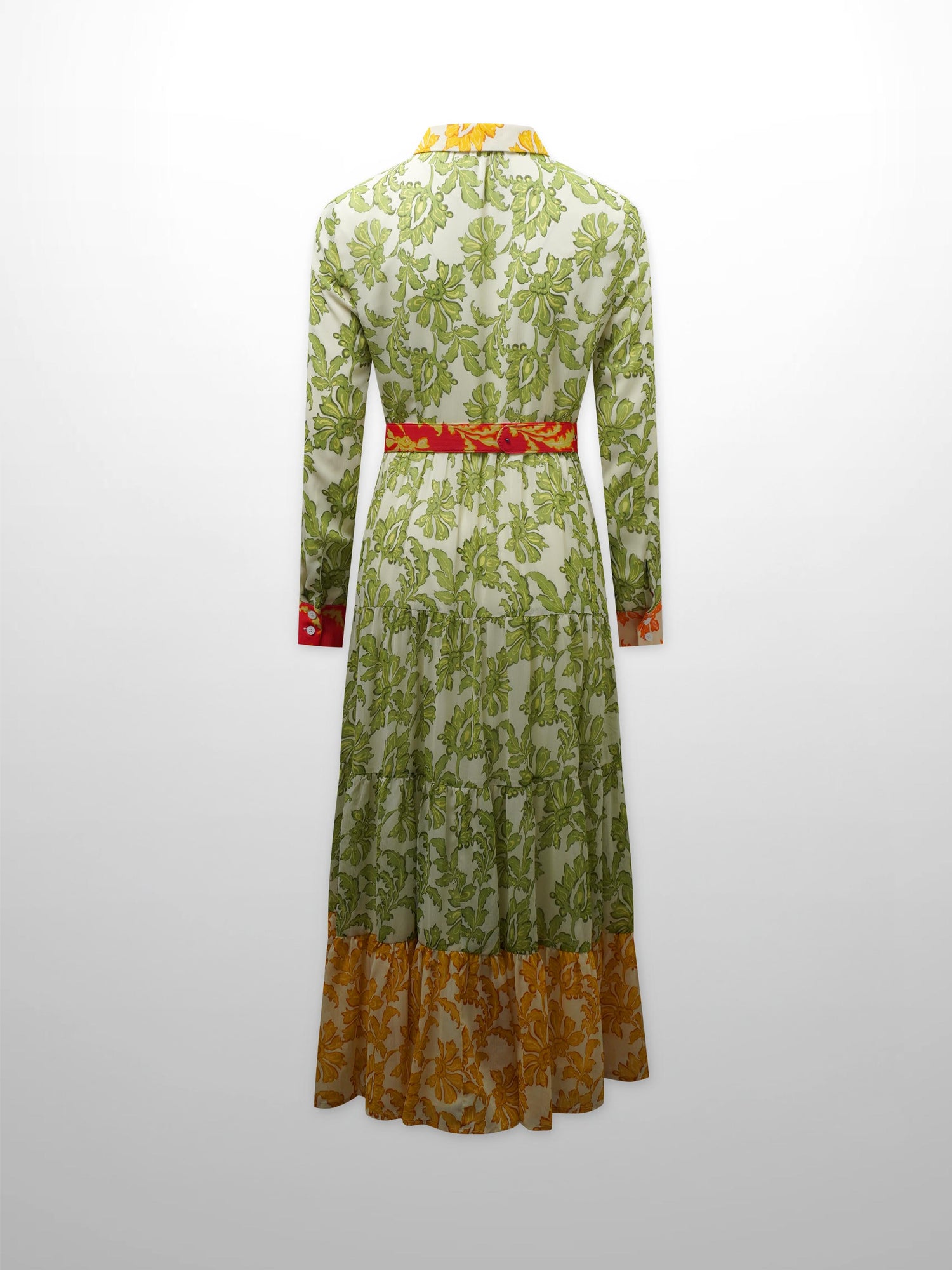 Belted Tiered Dress-Green Floral