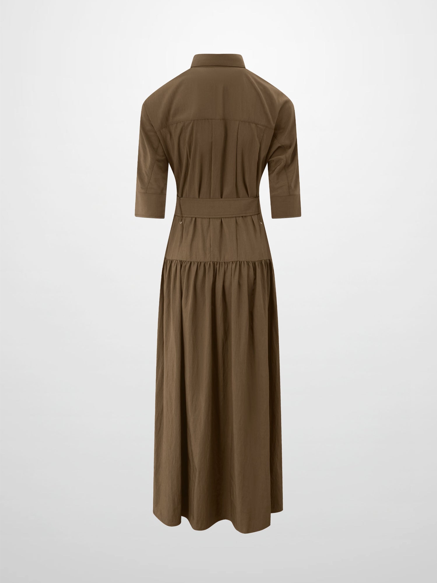 Cotton Yoke Gathered Dress-Brown