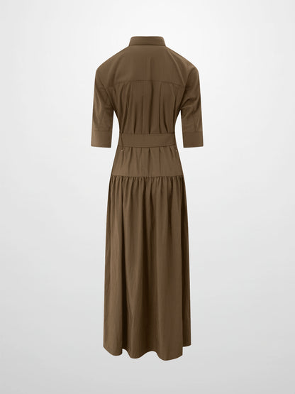 Cotton Yoke Gathered Dress-Brown
