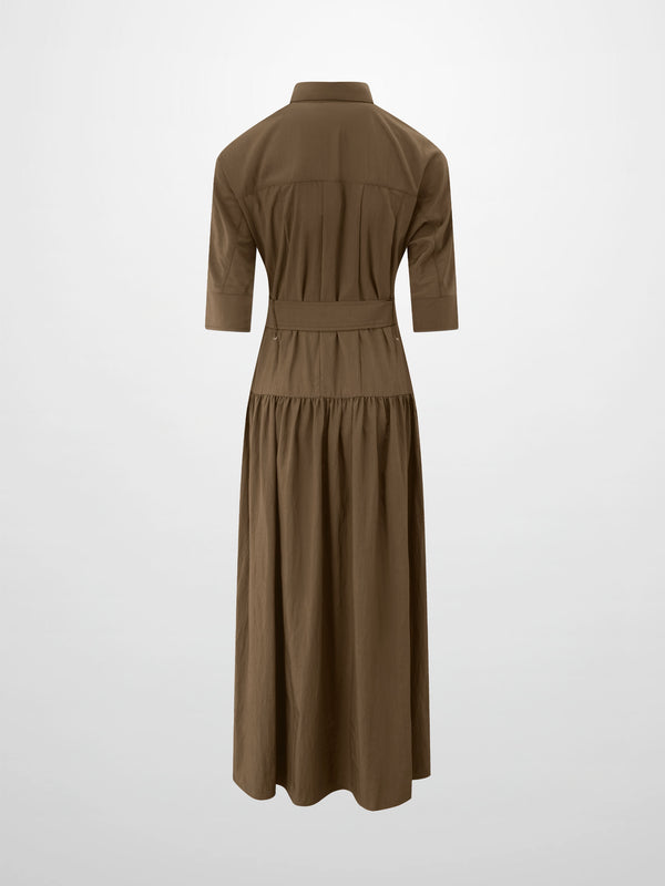 Cotton Yoke Gathered Dress-Brown