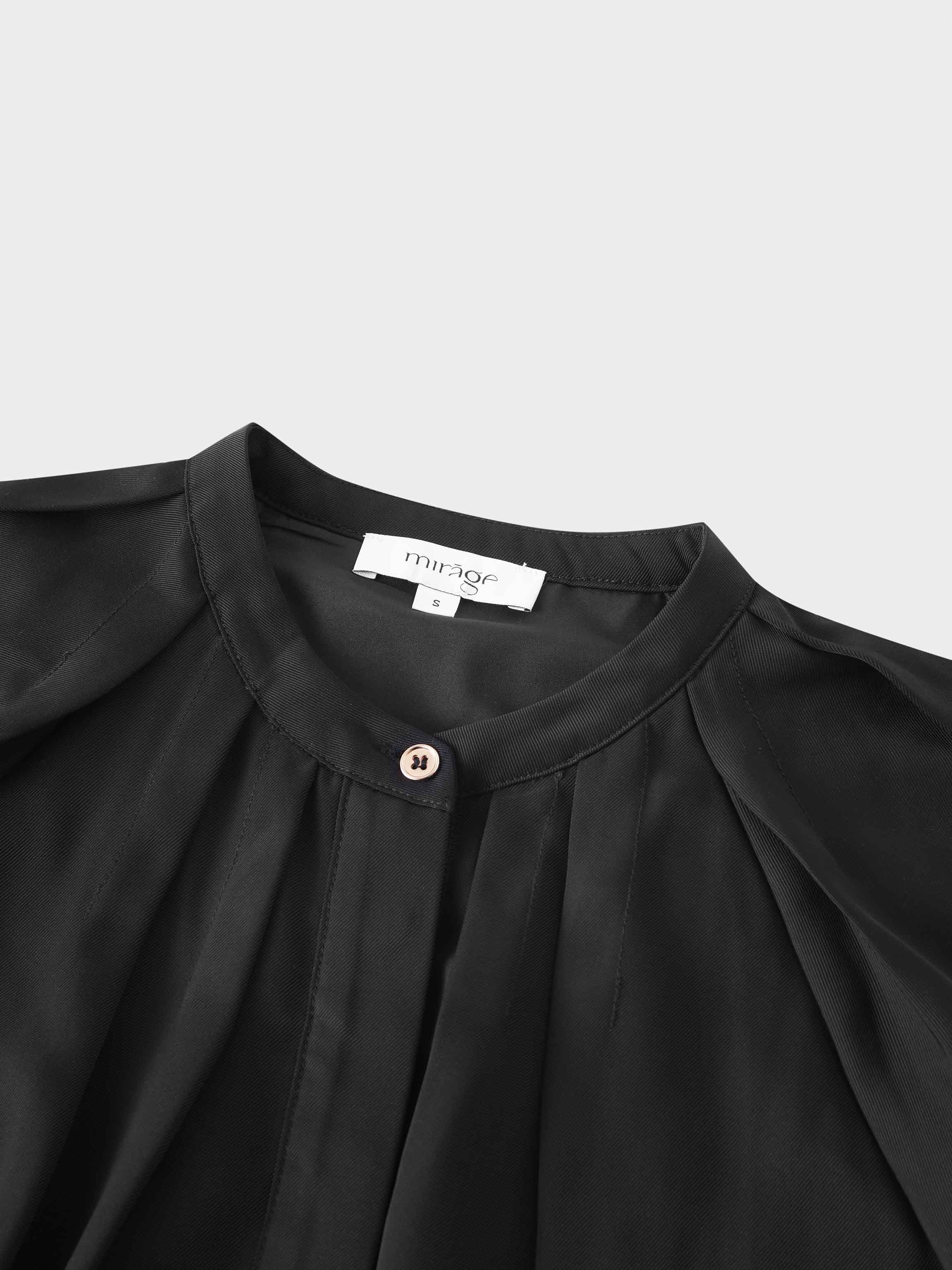 Pleat Neck Belted Dress-Black