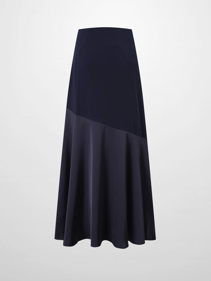 Faux Satin Bottom Flare Skirt-Navy